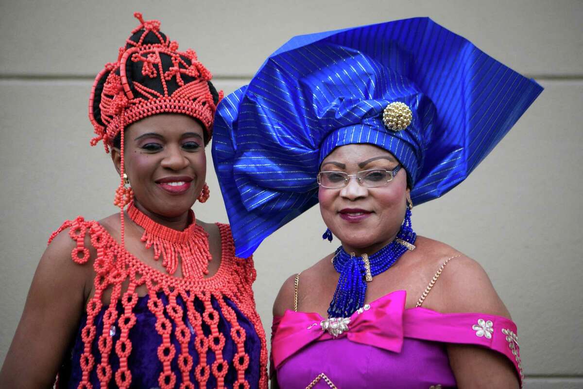 Mary Onime, left, and Lolo Chinwe Okoye show their formal traditional dresses at the ninth annual ceremony.