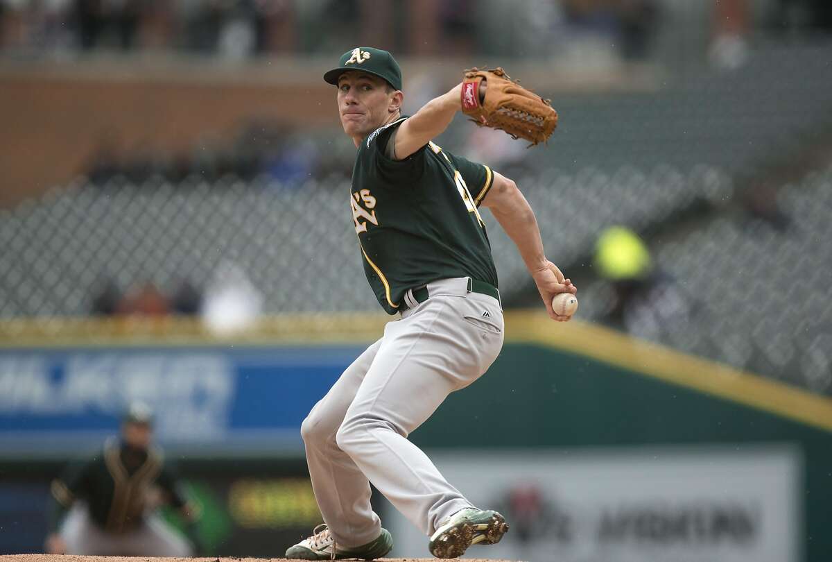 Oakland Athletics pitcher Chris Bassitt throws against the Detroit Tigers in the first inning of a baseball game in Detroit, Thursday, April 28, 2016. (AP Photo/Paul Sancya)