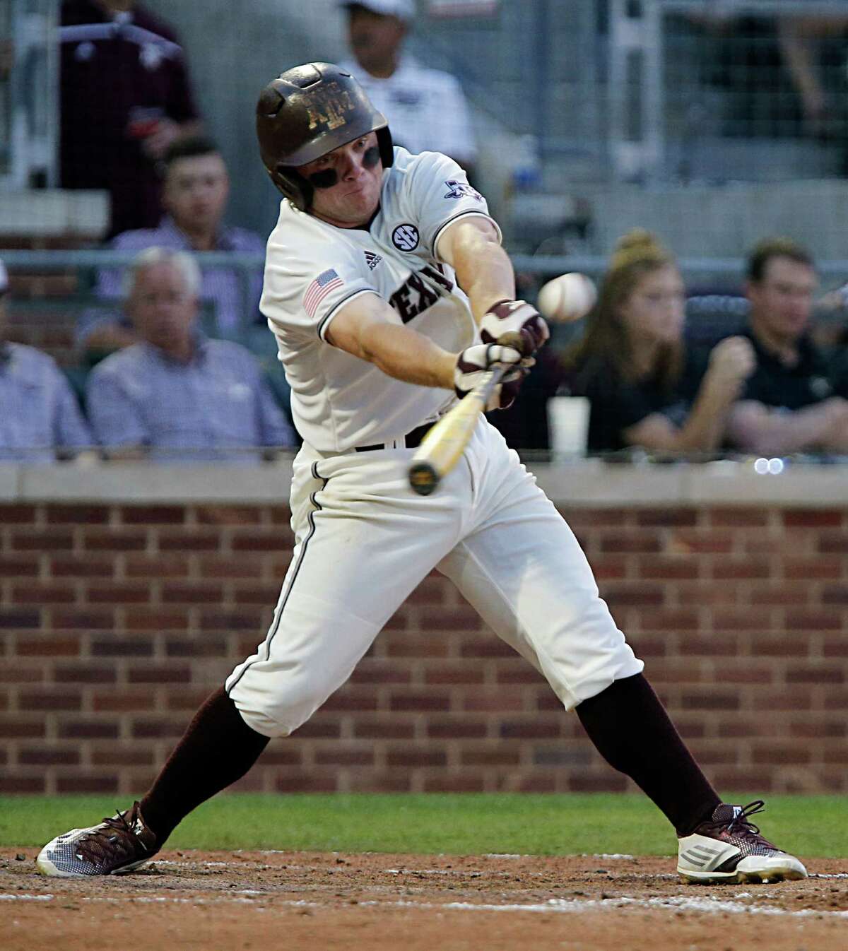 Texas A&M catcher Boomer White hits a double during the sixth inning of college baseball game action against Vanderbilt at Blue Bell Park Thursday, May 5, 2016, in College Station.