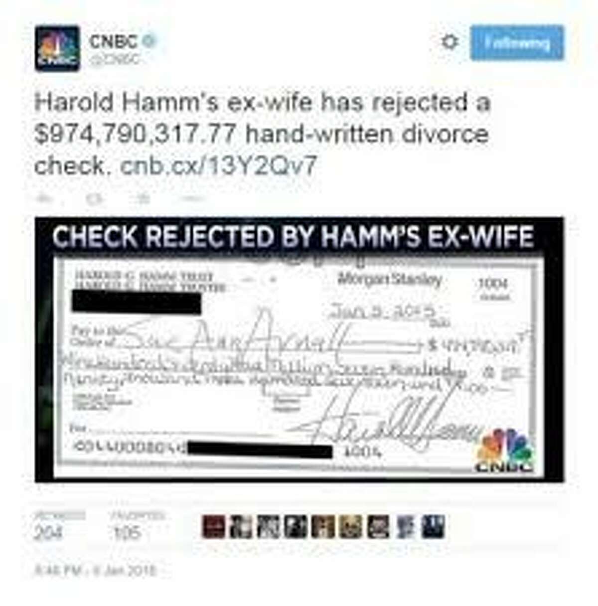 Oil billionaire Harold Hamm's exwife rejects handwritten 975 million(02)
