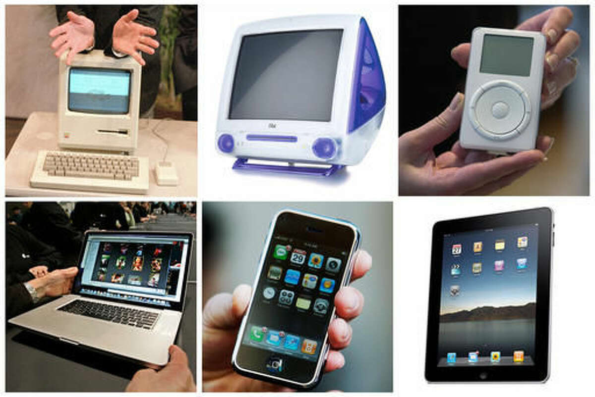 FILE - This file photo combination of six images shows a series of Apple Inc. products released during Steve Job's tenure as CEO of the company. From the upper left to right are: a January 1984 photo of Jobs's presentation of the first Macintosh in Cupertino, Calif.; the iMac DV in a 1999 image provided by Apple; the original iPod in October 2001 in Cupertino, Calif. From lower left are: the MacBook Pro being being presented in San Francisco in 2009; the first version of the iPhone in Los Angeles in June 2007, and in an image provided by Apple in January 2010, the first version of the iPad. (AP Photo/File)