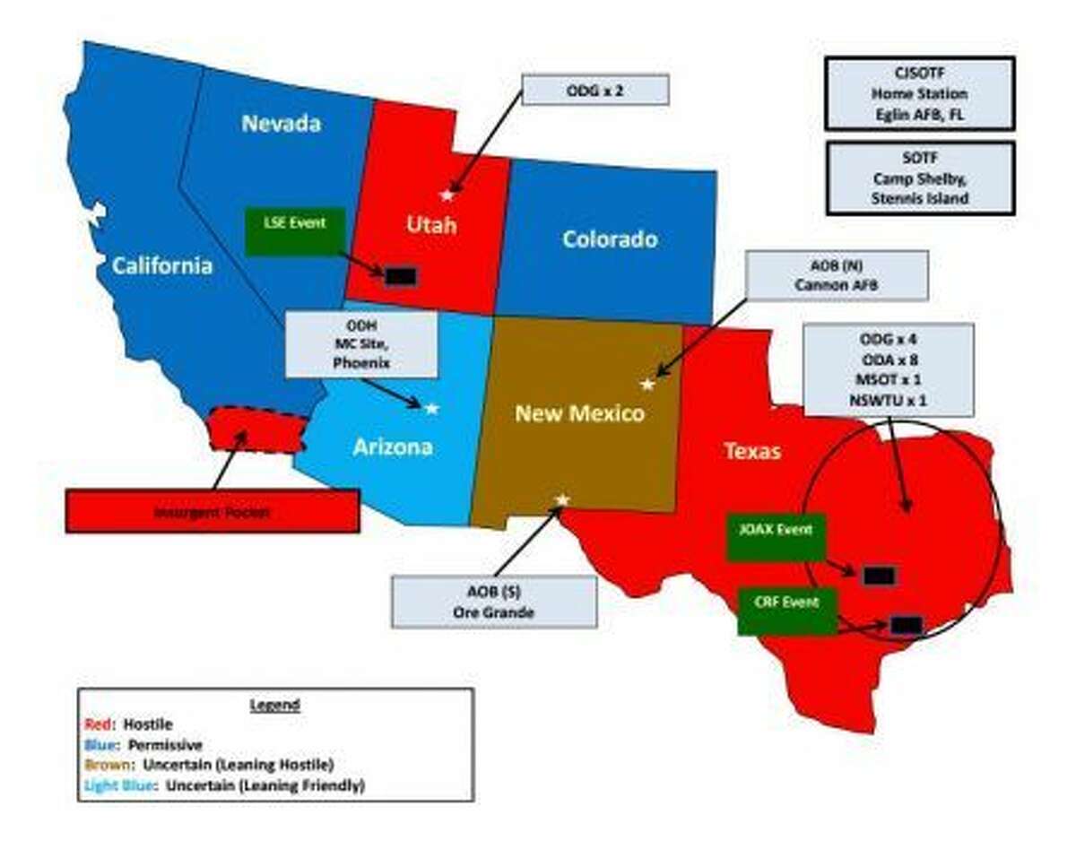 This map, from an Army slideshow explaining Operation Jade Helm, frightened some with its designation of Texas as a "hostile" territory. 