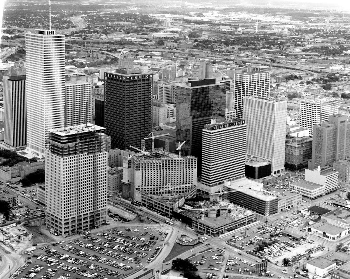 In 1971, new buildings included Allen Center, lower left, One Shell, upper left, and the Hyatt Regency Hotel (under construction), center.﻿