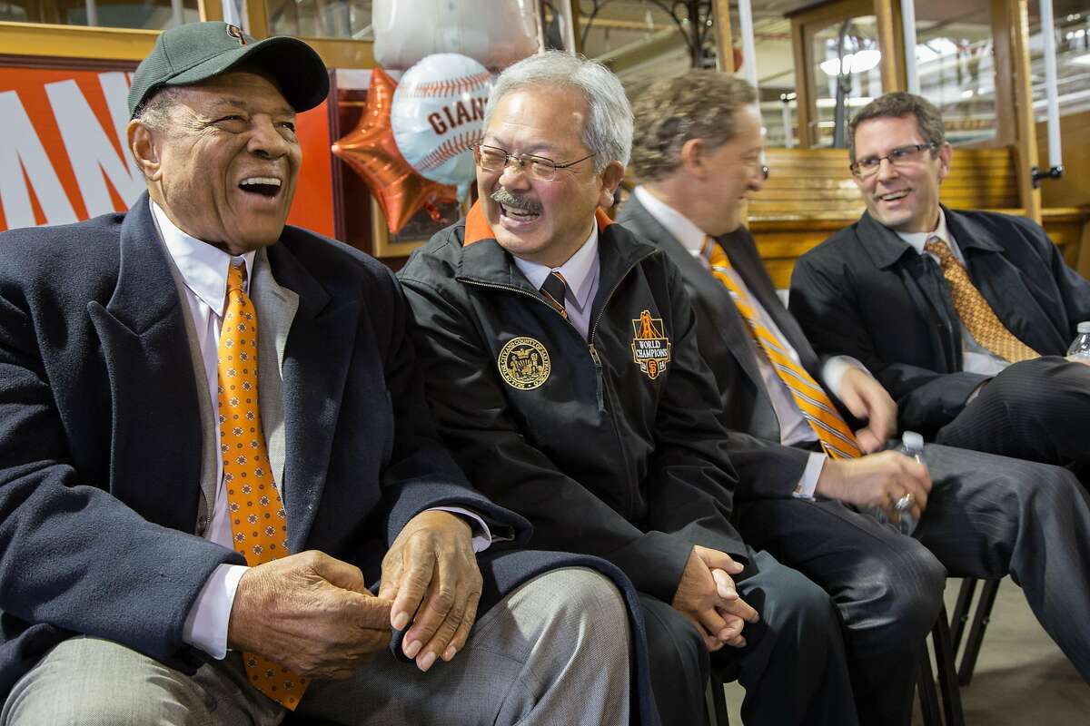 Willie Mays has a laugh with Mayor Ed Lee at the Cable Car Museum on Friday, May 6, 2016 in San Francisco, Calif. Mays, a San Francisco Giants legend and Baseball Hall of Famer, turned 85 today. Cable car No. 24, the same number he wore when he played for the S.F. Giants, was dedicated and named after Mays.
