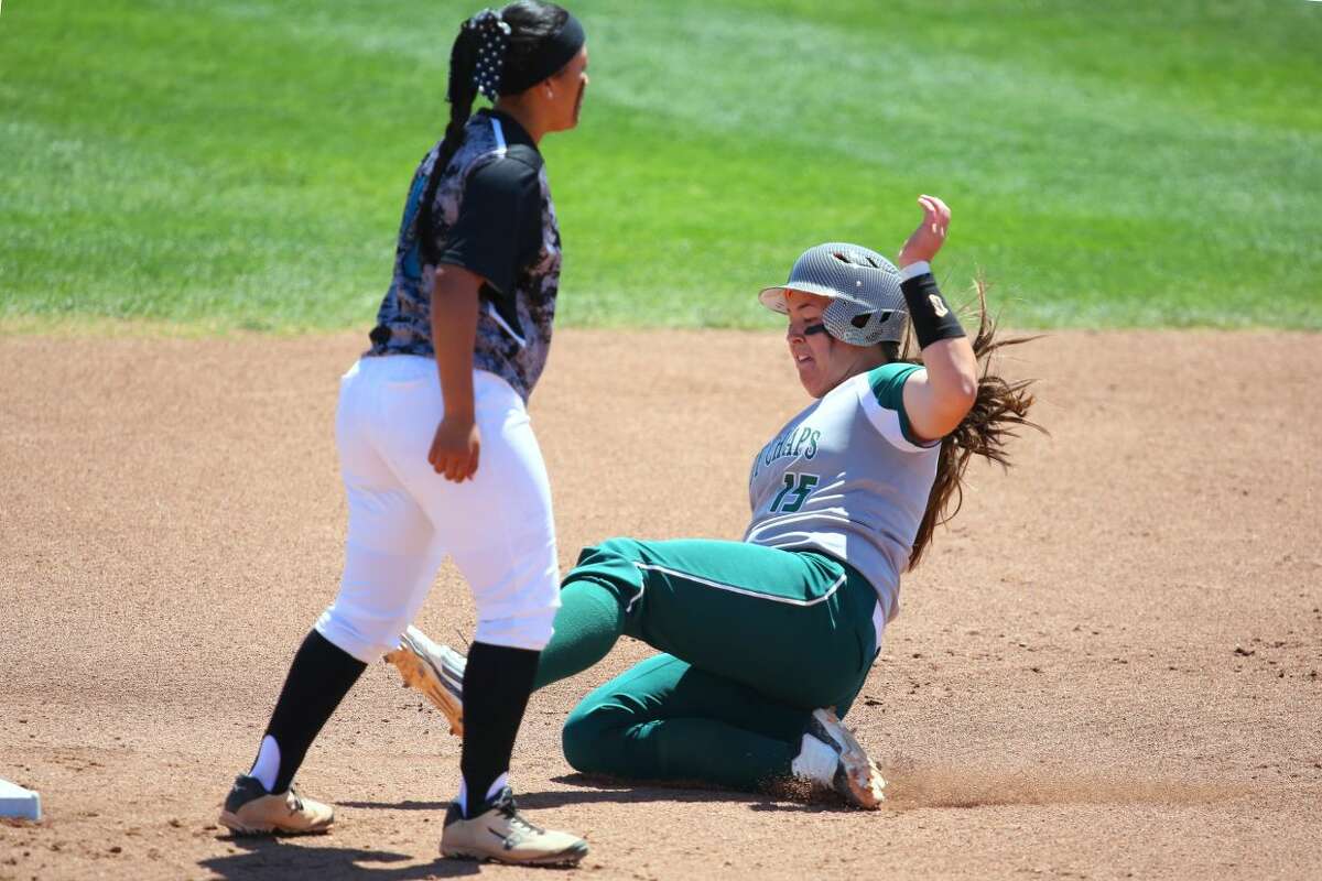 Midland College's Tyneesha Houkamau slides into second base against Luna Community College during the NJCAA Region V West Tournament on Friday, May 1 at Texas Tech's Rocky Johnson Field. Photo by Forrest Allen/MC Athletics
