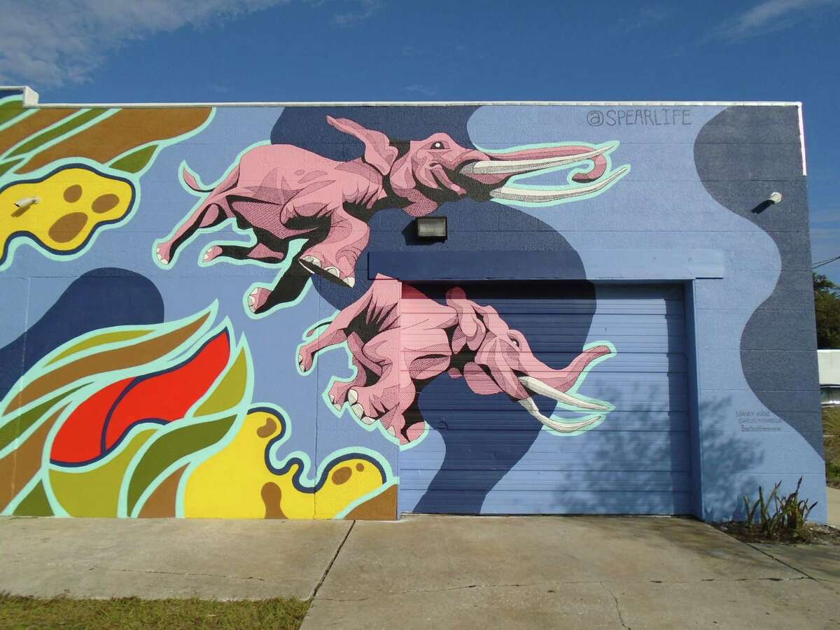 Andrew Spear, aka Spearlife, painted these flying pink elephants on a wall in downtown St. Petersburg.﻿