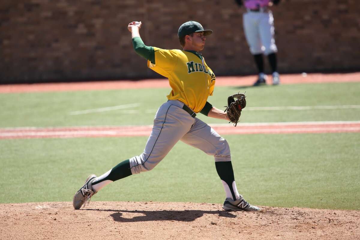 Midland College freshman pitcher Shane Browning throws a pitch against Howard College during an elimination game of the NJCAA Region V Tournament at Rip Griffin Park. Forrest Allen/MC Athletics