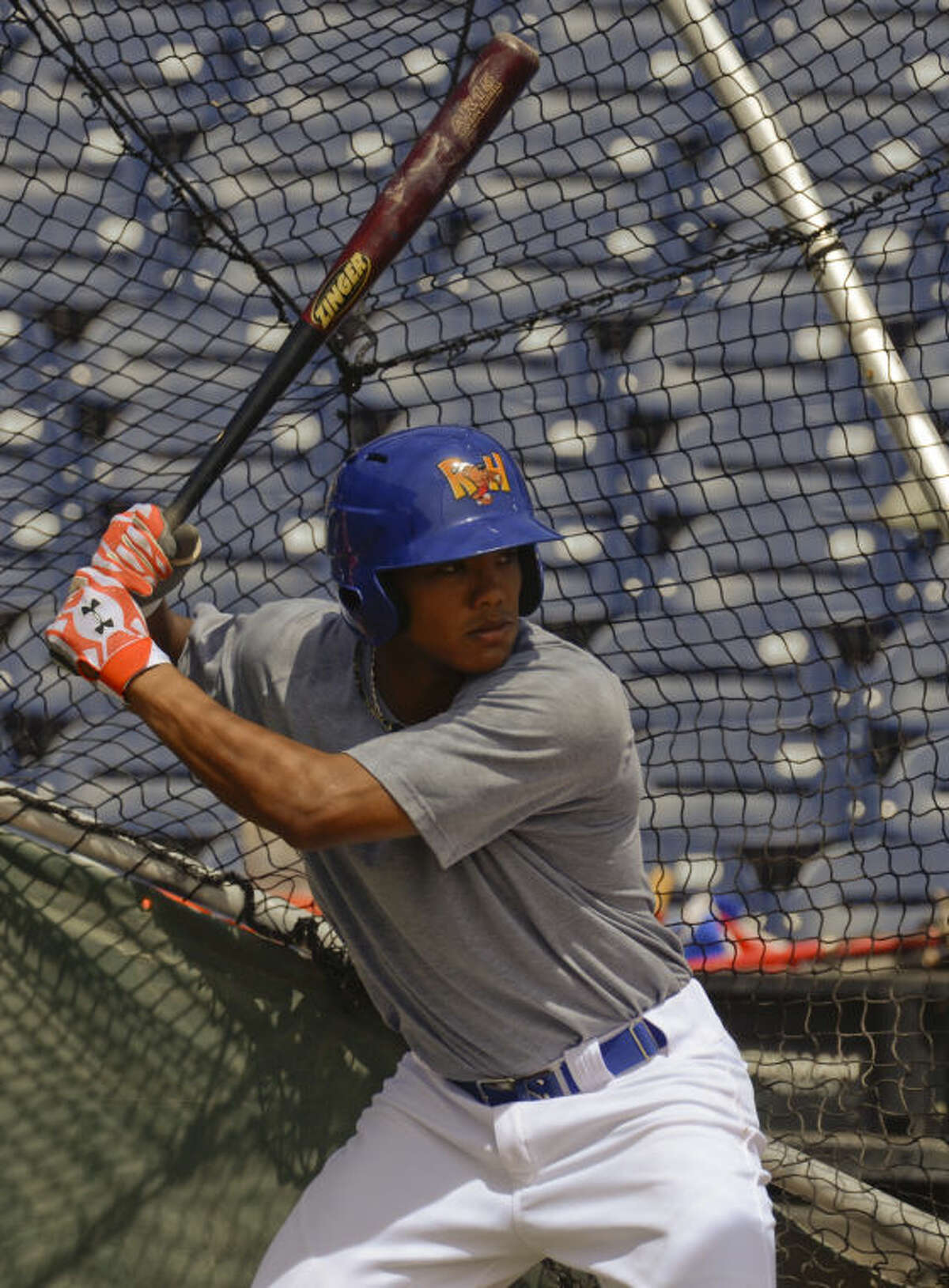 Addison Russell takes batting practice Tuesday during RockHounds practice. Tim Fischer\Reporter-Telegram