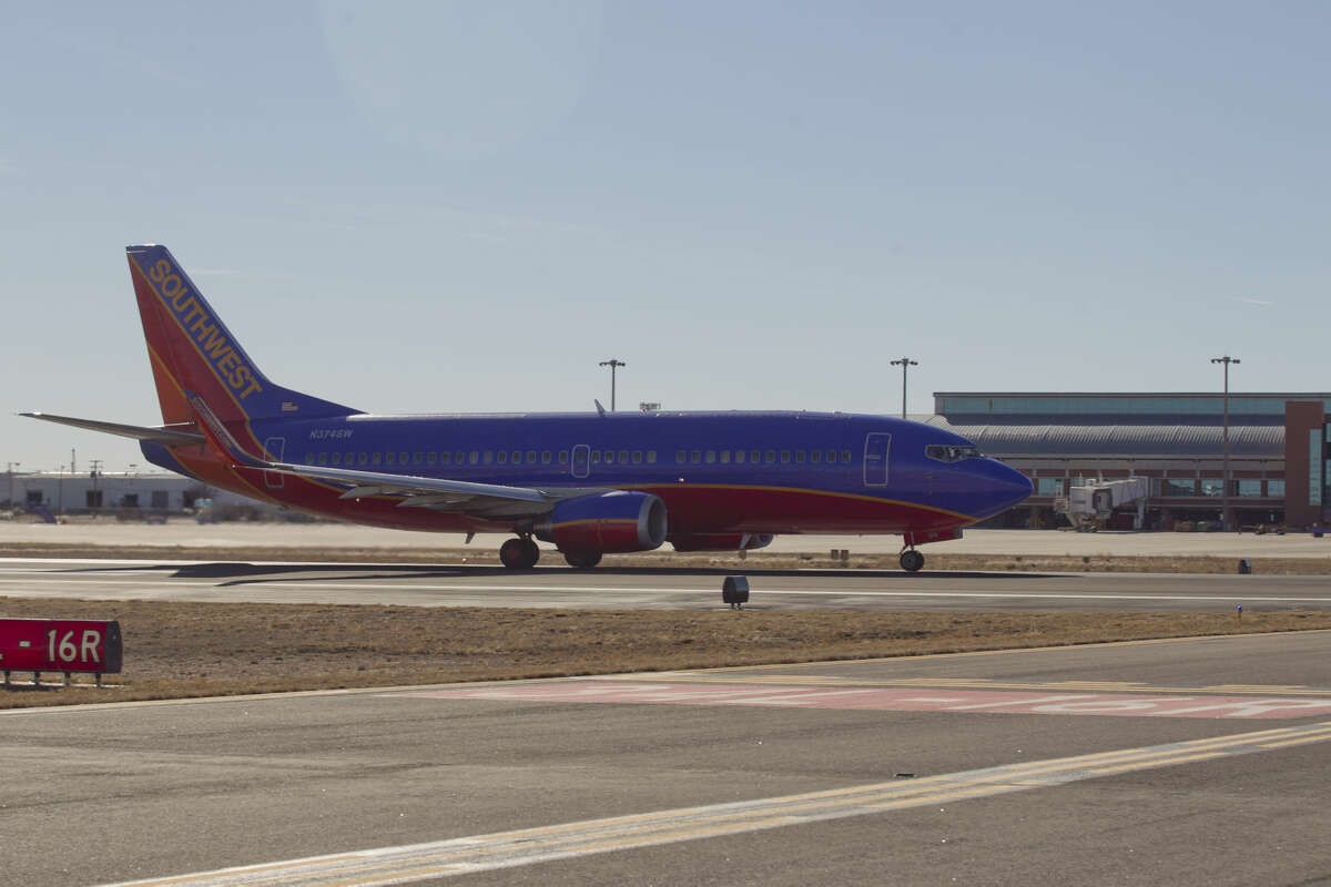 A Southwest Airlines Boeing 737 takes off from Midland International Airport
