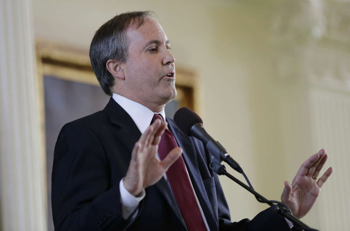 FILE - In this Jan. 5, 2015 file photo, Ken Paxton speaks after he was sworn in as the Texas attorney general in Austin, Texas.  (AP Photo/Eric Gay, File)