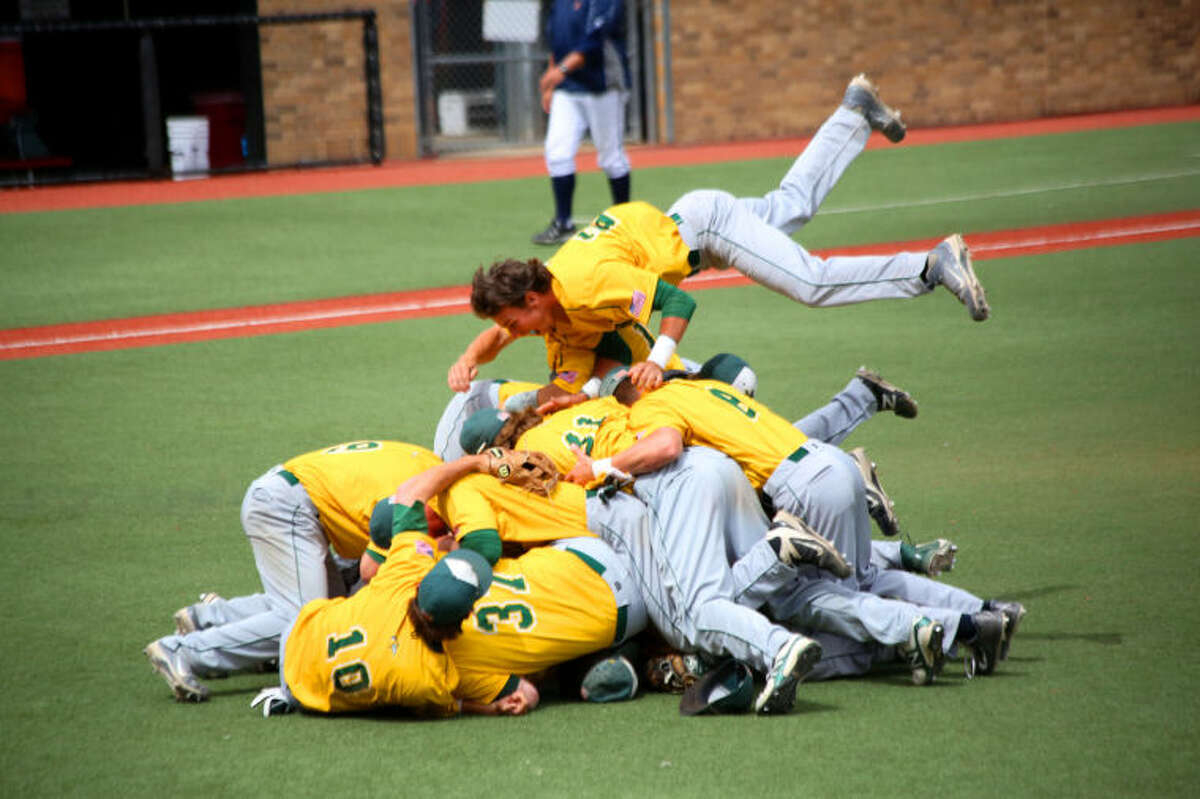 Midland College baseball players do the traditional dogpile after winning the Region V tournament championship on Tuesday at Rip Griffin Park in Lubbock. Shelby Jones/Special to the MRT