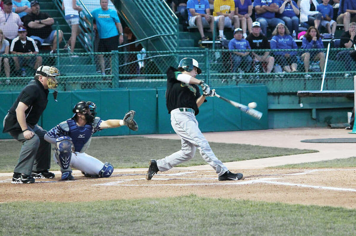 Midland College's Justin Clarkson makes contact with a ball on Monday night against Iowa Western at the JUCO World Series in Grand Junction, Colo.