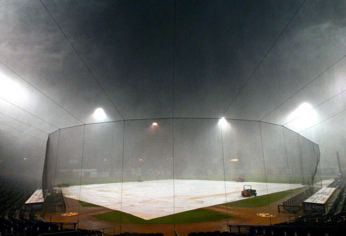 A thunderstorm restricts visibility at Security Bank Ballpark after the game against Frisco was cancelled on Wednesday. James Durbin/Reporter-Telegram