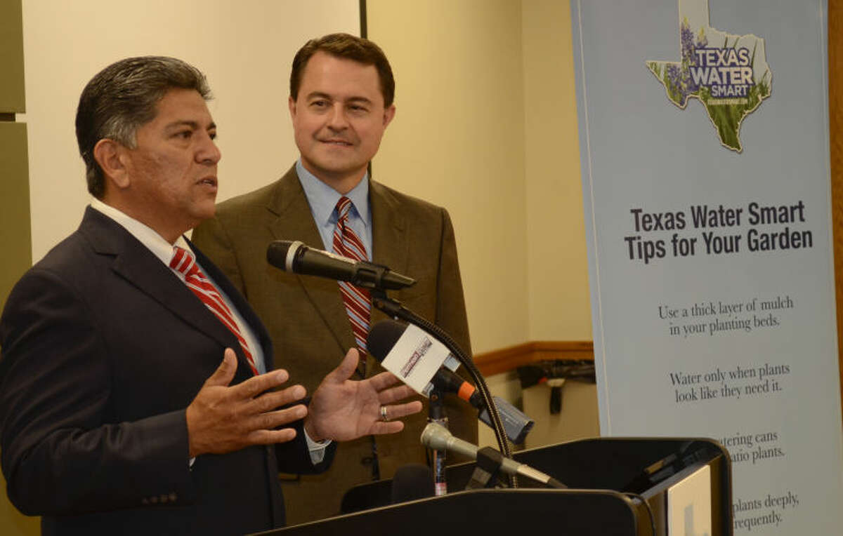 Midland Mayor Jerry Morales is joined by Texas Agriculture Commissioner Todd Staples as they speak Thursday about water conservation. Tim Fischer\Reporter-Telegram