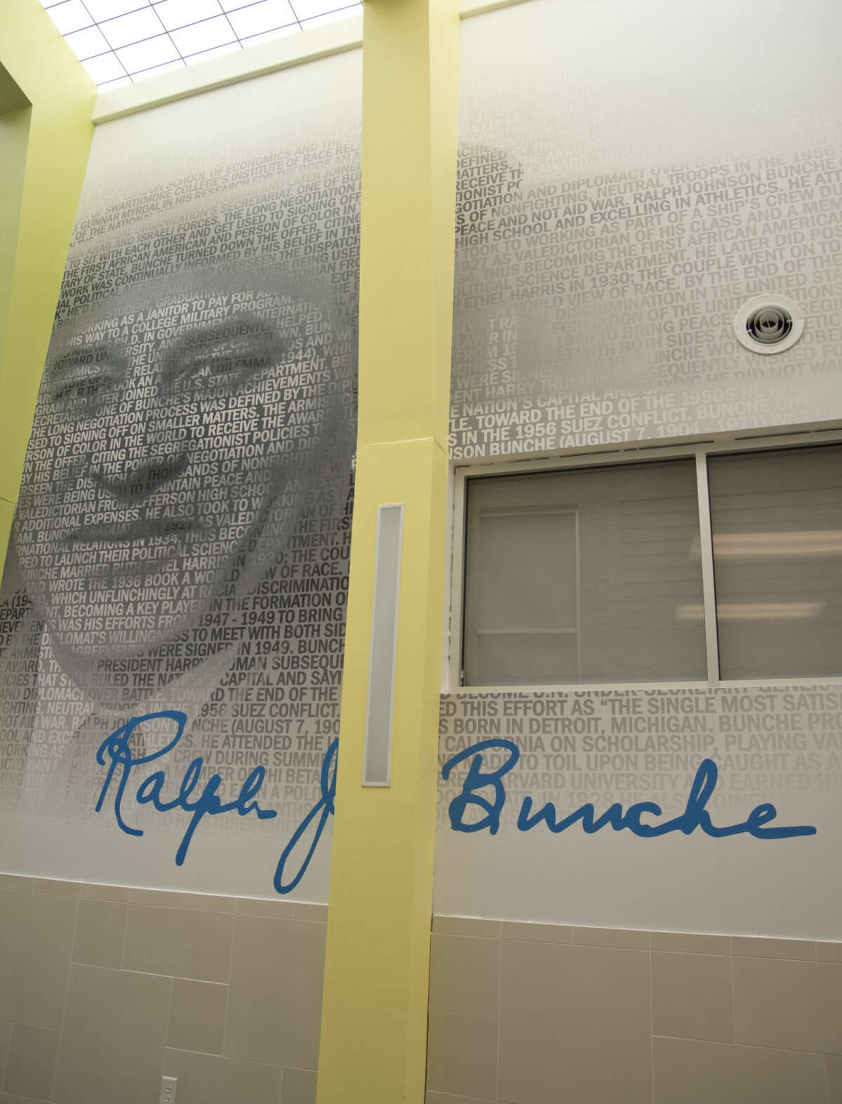 Ralph J Bunche, the school namesake, has an image and facts about him on the main hallway wall seen Thursday 8-13-2015 at Bunche Elementary. Tim Fischer\Reporter-Telegram