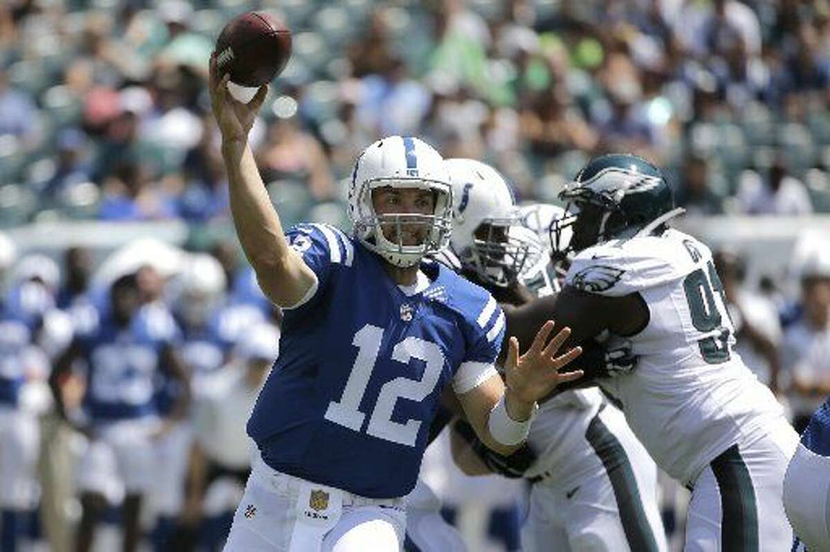 Indianapolis Colts' Andrew Luck looks to pass during the first half of a preseason NFL football game against the Philadelphia Eagles, Sunday, Aug. 16, 2015, in Philadelphia.