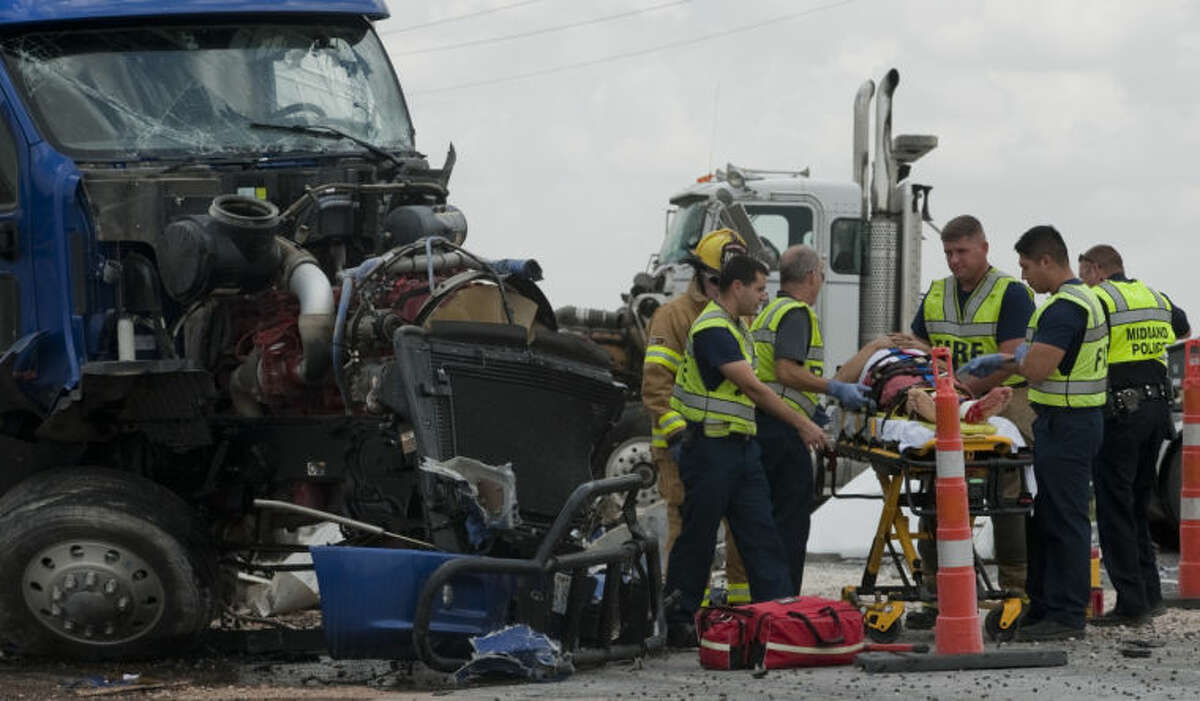 One driver was transported to MMH with unknown injuries following a two tractor-trailer accident Thursday afternoon on Hwy 349 and Craddick Hwy. The driver of the other truck was not injured. Tim Fischer\Reporter-Telegram