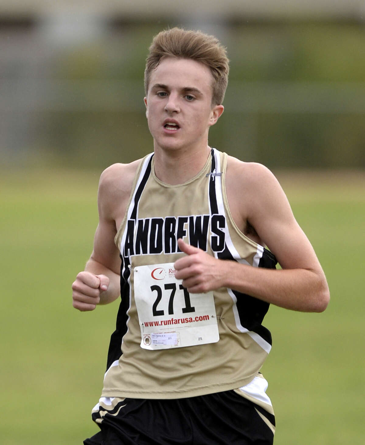 Andrews' Jacob Chapman finishes first in the Tall City Invitational varsity boys cross-country race with a time of 18:37.08 on Saturday, August 29, 2015, at Beal Park. James Durbin/Reporter-Telegram