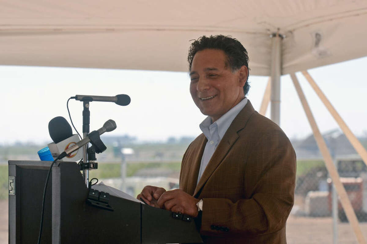 Jose Cuevas, president of the Midland County Fresh Water Supply District No. 1, speaks during the T-Bar ribbon cutting ceremony Friday at the elevated storage tank near 191 and 1788. James Durbin/Reporter-Telegram