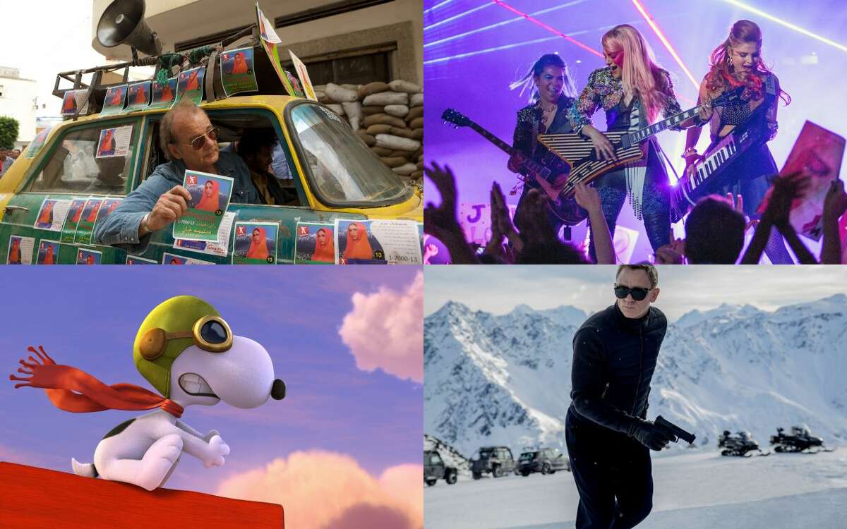 From clockwise left, 'Rock the Kasbah,' 'Jem and the Holograms,' 'Spectre' and 'The Peanuts Movie' are all part of the Fall movie season.