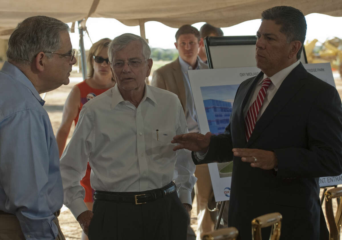 Midland Mayor Jerry Morales, seen here talked with Stephen Chazen president and CEO with Occidental Petroleum Corporation, left, and state Rep. Tom Craddickat  the ground breaking ceremony for OXY Midland Office Complex, was part of the Texas Tribune Festival this past weekend. Tim Fischer\Reporter-Telegram