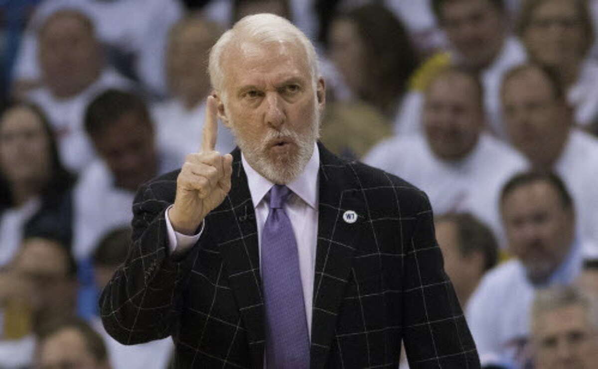 OKLAHOMA CITY, OK - MAY 6: Gregg Popovich of the San Antonio Spurs calls instructions to his team as they play the Oklahoma City Thunder during the first half of Game Three of the Western Conference Semifinals during the 2016 NBA Playoffs at the Chesapeake Energy Arena on May 6, 2016 in Oklahoma City, Oklahoma. NOTE TO USER: User expressly acknowledges and agrees that, by downloading and or using this photograph, User is consenting to the terms and conditions of the Getty Images License Agreement. (Photo by J Pat Carter/Getty Images)
