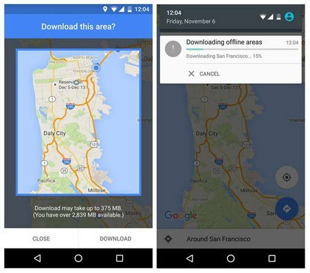 This smartphone screen grab provided by Google shows a map of the San Francisco Bay Area during a demonstration of Google Maps' new offline navigation option. With an update for Android phones Tuesday, Nov. 10, 2015, users will be able to search nearby businesses and get driving directions, including turn-by-turn voice prompts, even if the Internet connection is spotty or non-existent. Google said a version for iPhones will come soon. (Google via AP)