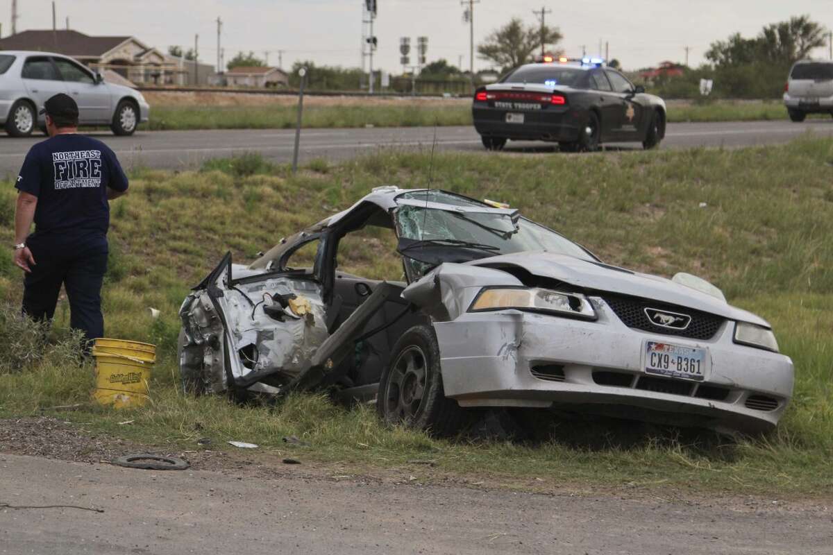 Two people from this Ford Mustang were transported with injuries to Midland Memorial Hospital Tuesday after the vehicle was involved in a crash on Business 20 near East Interstate 20. Tyler White/Reporter-Telegram