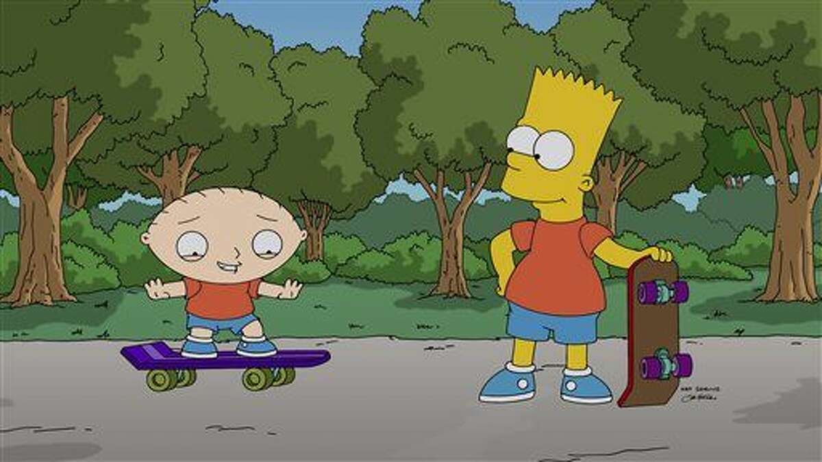 In this image provided by Fox, Stewie Griffin, left, learns to skateboard from his new friend, Bart Simpson in a scene from “The Simpsons Guy,” the one-hour season premiere episode of "Family Guy," airing Sunday, Sept. 28, 2014. The Fox network isn't responding to suggestions that it edit the upcoming crossover episode of "The Simpsons" and "Family Guy" to remove a joke where the punch line is "your sister's being raped." (AP Photo/Fox)