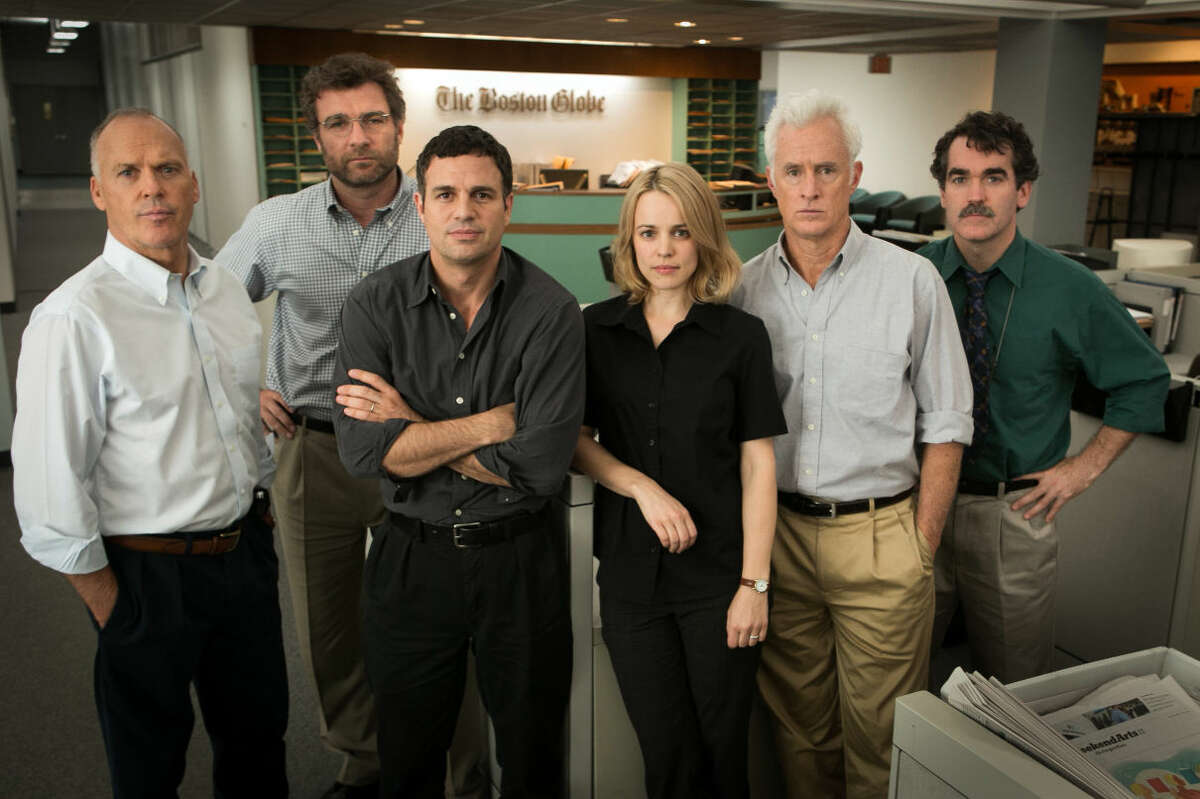 This photo provided by Open Road Films shows, Michael Keaton, from left, as Walter "Robby" Robinson, Liev Schreiber as Marty Baron, Mark Ruffalo as Michael Rezendes, Rachel McAdams, as Sacha Pfeiffer, John Slattery as Ben Bradlee Jr., and Brian díArcy James as Matt Carroll, in a scene from the film, "Spotlight." The 73rd annual Golden Globe nominations in film and television categories will be announced Thursday morning, Dec. 10, 2015, in Beverly Hills, Calif. (Kerry Hayes/Open Road Films via AP)
