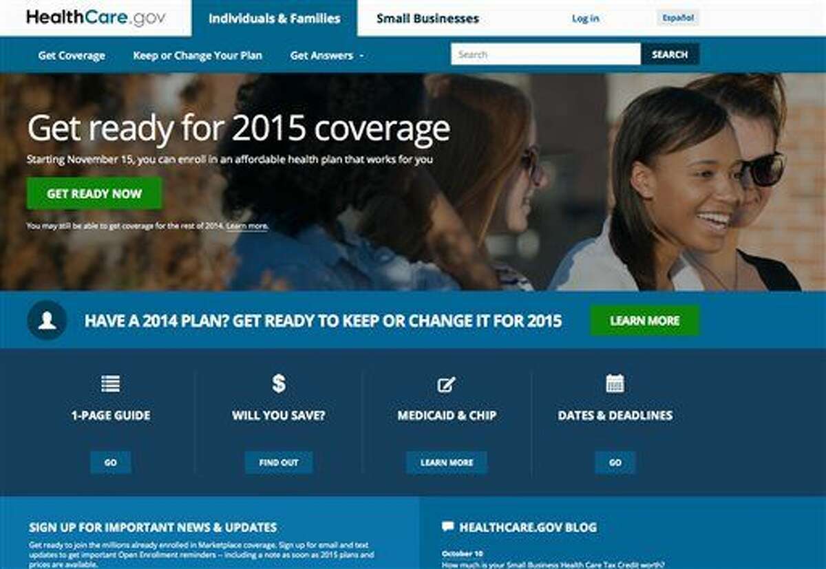 FILE - This Oct. 15, 2014 file photo, a screen shot shows the home page of HealthCare,gov, a federal government website managed by the U.S. Centers for Medicare & Medicaid Service. President Barack Obama's health insurance expansion faces the biggest test of its second year on Monday, the deadline to sign up for coverage that starts Jan. 1. Not only are Healthcare.gov and state websites preparing for heavy traffic, but the deadline also is a test of whether millions of current customers understood that they needed to come back and shop to keep their premiums in line. (AP Photo, File)