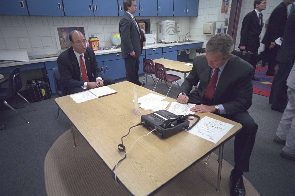 The president and his staff, including Press Secretary Ari Fleischer, pictured left, were then brought to a holding room at the school, where he prepared to address the nation. “I have spoken to the vice president, to the governor of New York, to the director of the FBI, and have ordered that the full resources of the federal government go to help the victims and their families — and to conduct a full-scale investigation to hunt down and to find those folks who committed this act,” he said. “Terrorism against our nation will not stand.”