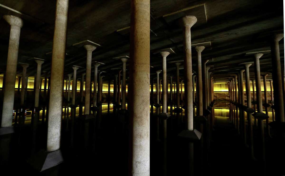 The inside of the Buffalo Bayou Park Cistern is shown Monday, April 25, 2016, in Houston. Built in1927, it was the City of HoustonÃ©s first underground drinking-water reservoir- a concrete holding tank roughly the size of one and half football fields on Sabine Street, near Buffalo Bayou. ( Melissa Phillip / Houston Chronicle )