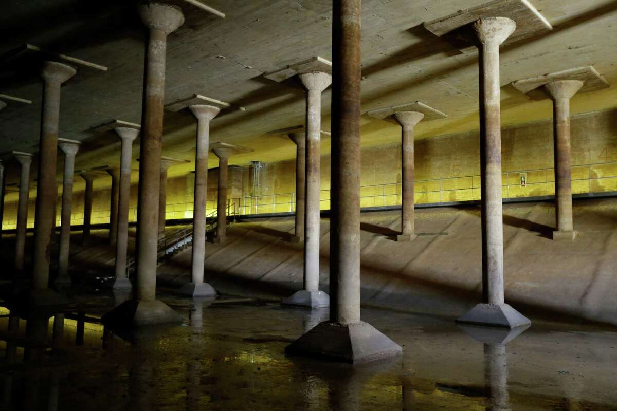 The inside of the Buffalo Bayou Park Cistern is shown Monday, April 25, 2016, in Houston. Built in1927, it was the City of HoustonÃ©s first underground drinking-water reservoir- a concrete holding tank roughly the size of one and half football fields on Sabine Street, near Buffalo Bayou. ( Melissa Phillip / Houston Chronicle )