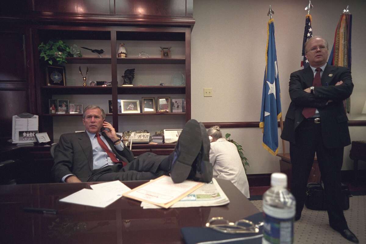 The president with senior adviser Karl Rove at Barksdale Air Force Base. Via PBS.