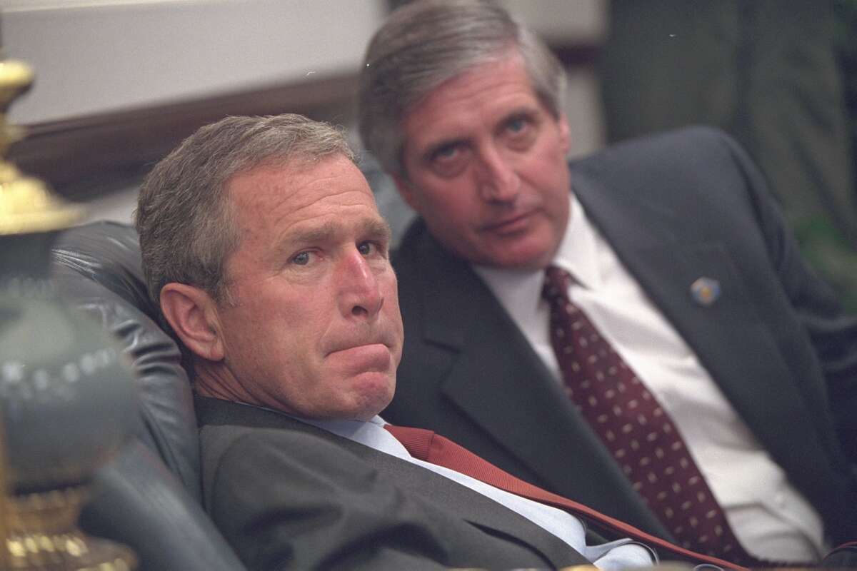 The president with White House Chief of Staff Andrew Card at Barksdale Air Force Base. Before leaving the base, the president held a press conference at which he said, "Make no mistake: The United States will hunt down and punish those responsible for these cowardly acts." Via PBS.