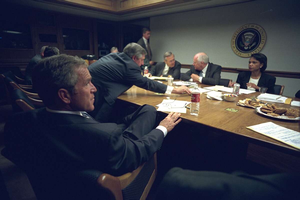 Immediately following the speech, the president has a national security meeting with Secretary of Defense Donald Rumsfeld, Vice President Dick Cheney, National Security Adviser Condoleezza Rice, White House Chief of Staff Andrew Card and others. Via PBS.