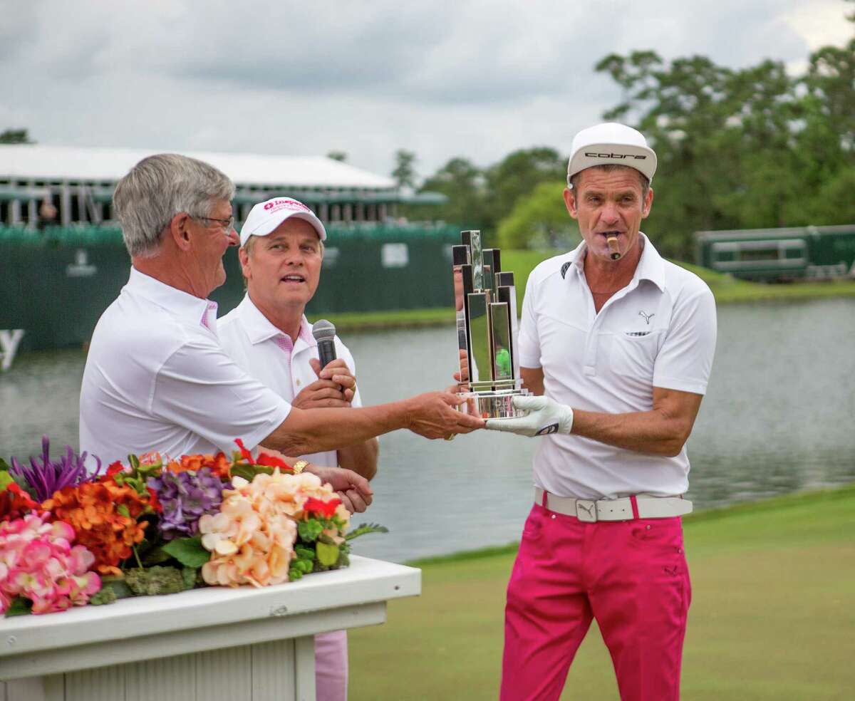 Golfer Jesper Parnevik accepting his trophy on the 18 green of Round 3 of the Insperity Invitational Golf at the Woodlands Country Club, Sunday, May 8, 2016, in Houston. (Juan DeLeon / For the Houston Chronicle)