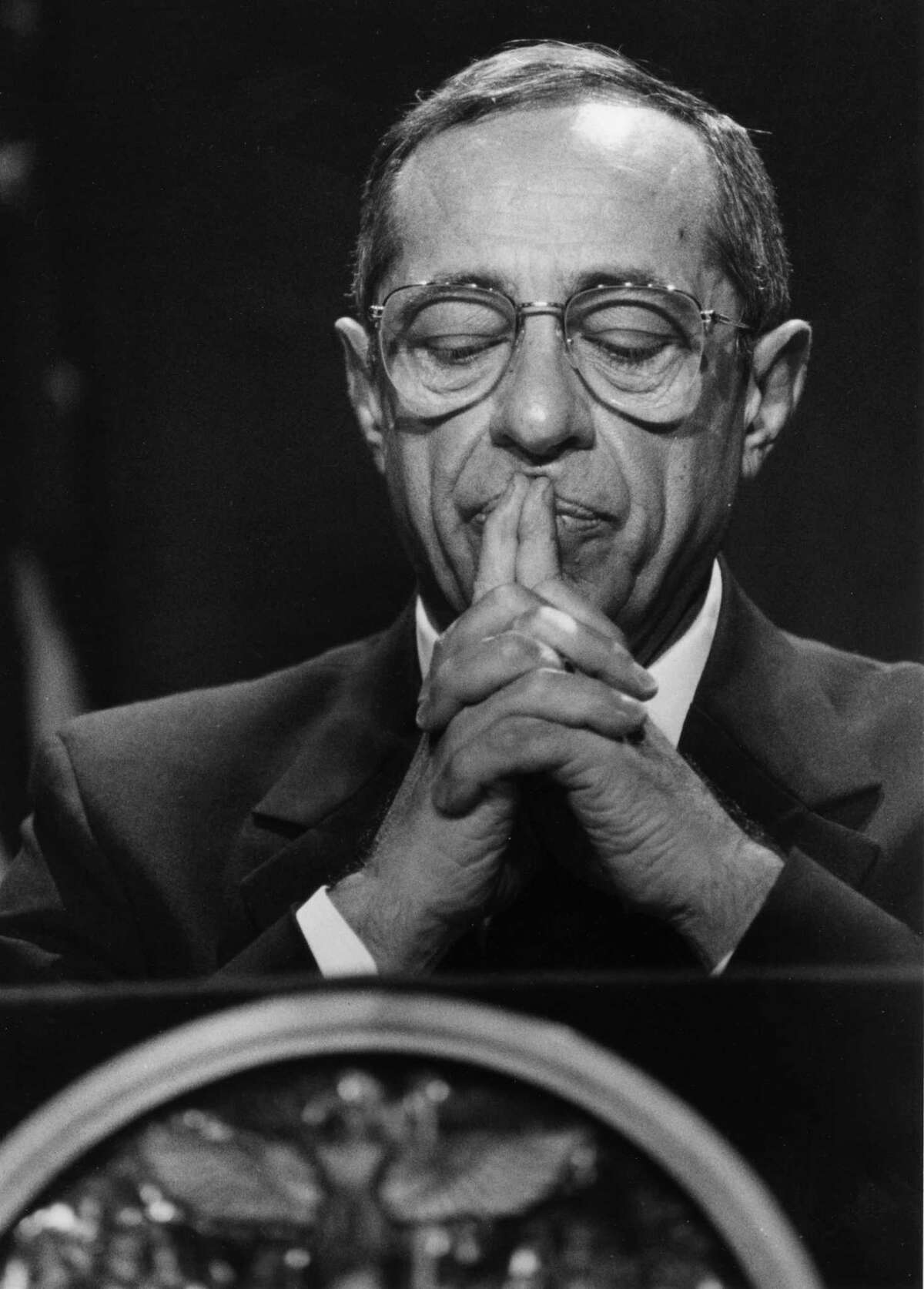 Gov. Mario Cuomo pauses in thought while providing an outline of the state's budget on Jan. 21, 1992, at the Capitol in Albany, N.Y. (Skip Dickstein/Times Union archive)