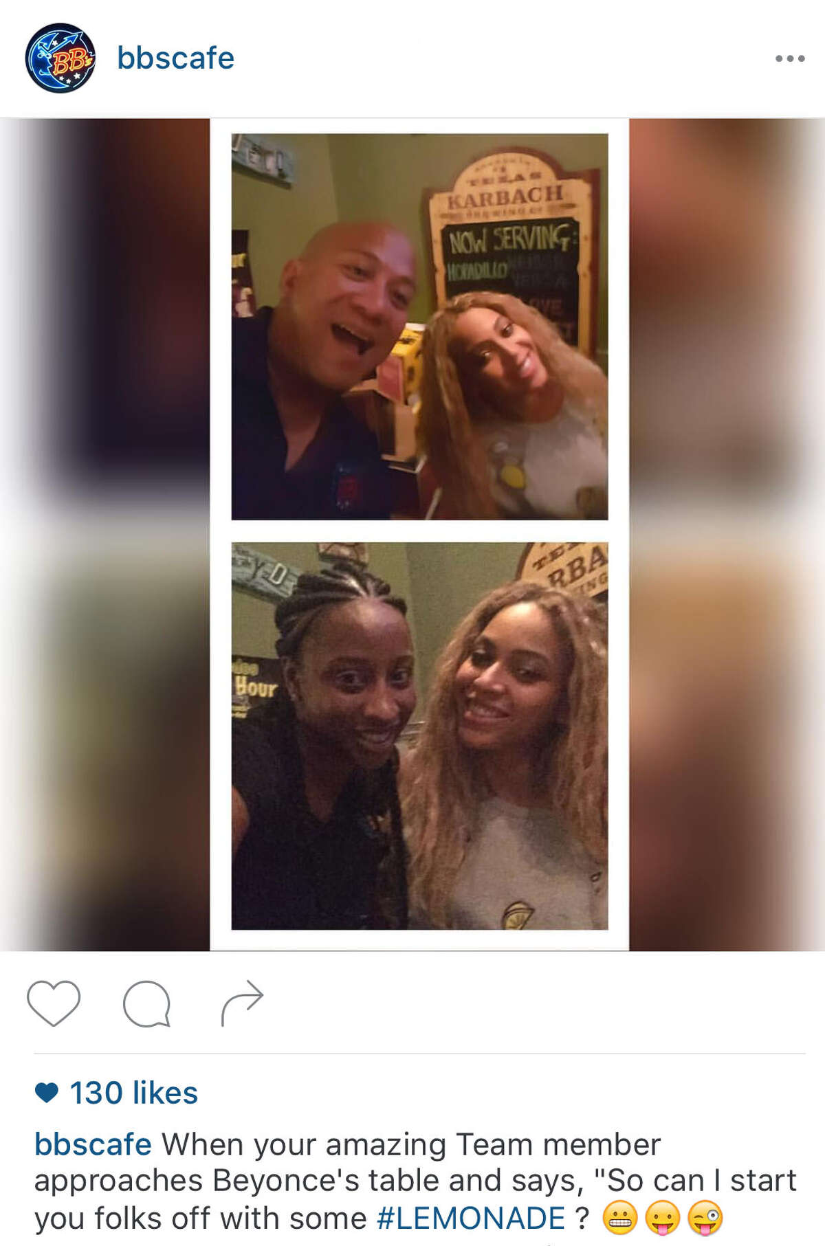 Beyoncé visited BB's Cafe in Montrose the last time she was in town.