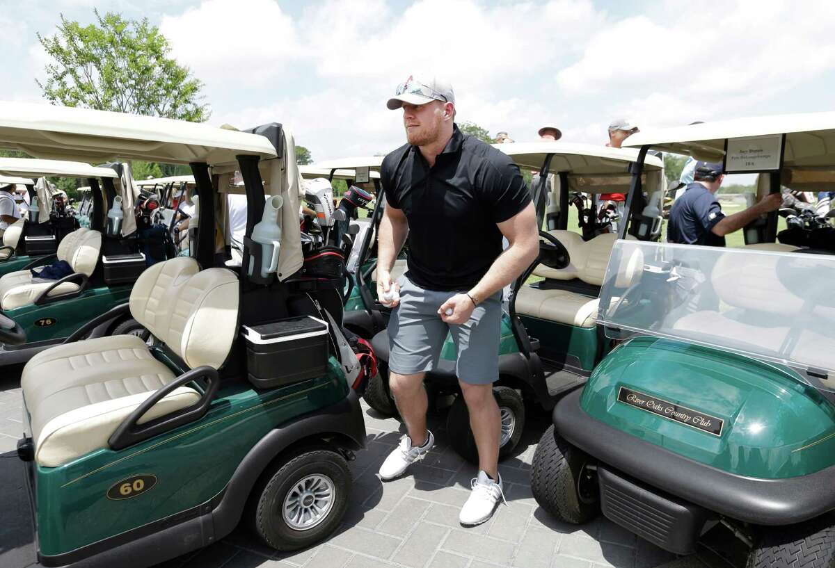 Texans J.J. Watt prepares to tee off during the Texans charity golf tournament at River Oaks Country Club, 1600 River Oaks Blvd., Monday, May 9, 2016, in Houston.