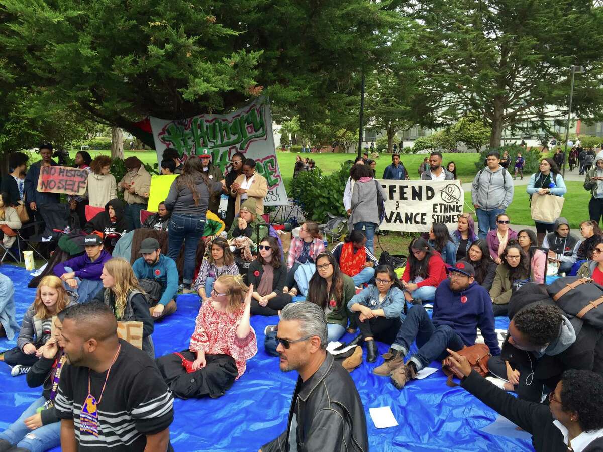 A rally was held Monday, May 9, 2016, supporting four students on a hunger strike to protest cuts made to the ethnic studies program at San Francisco State University.