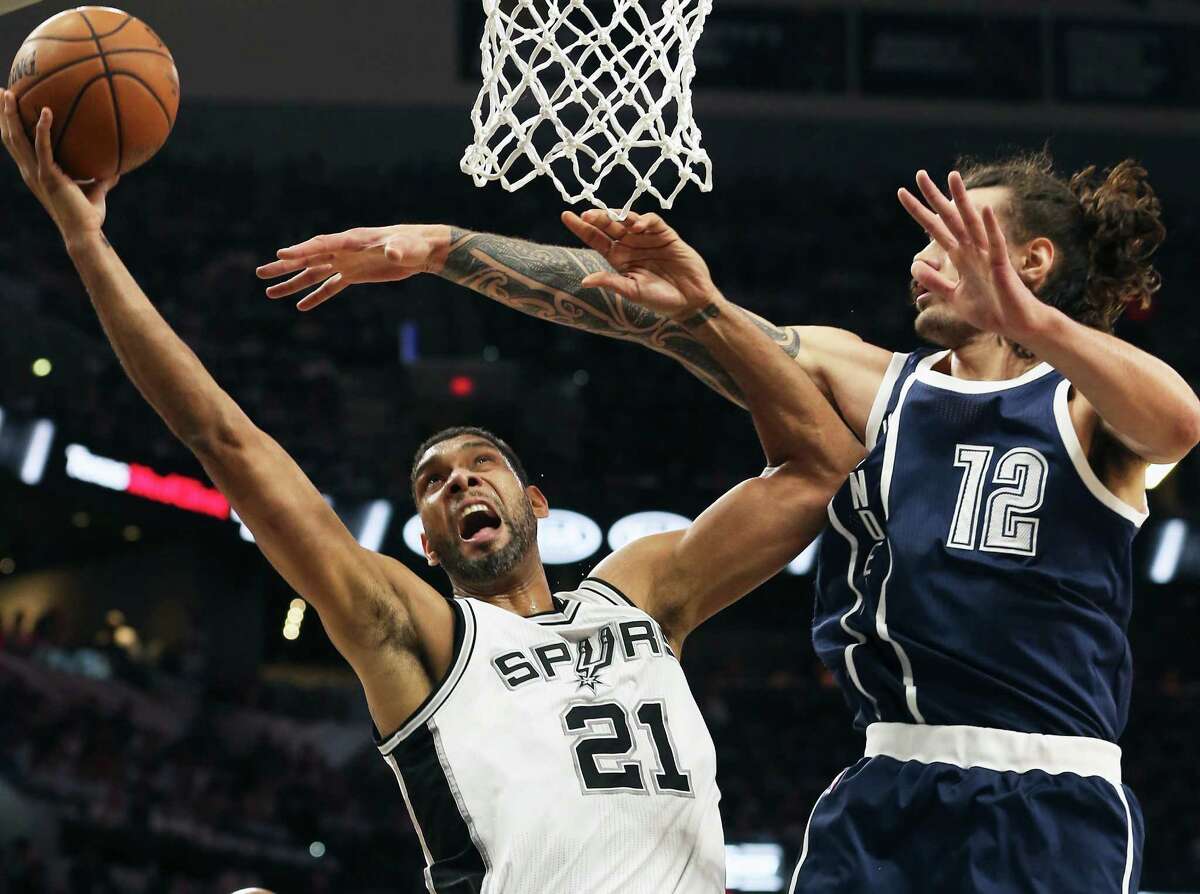 Tim Duncan adds two against Steven Adams as the Spurs host the Thunder in game 1 of second round NBA playoff action at the AT&T Center on April 230, 2016.