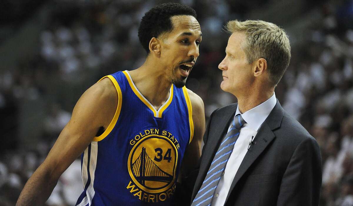 Shaun Livingston of the Golden State Warriors has some words with head coach Steve Kerr of the Golden State Warriors during the first quarter of Game Four of the Western Conference Semifinals against the Portland Trail Blazers during the 2016 NBA Playoffs at the Moda Center on May 9, 2016 in Portland, Oregon.