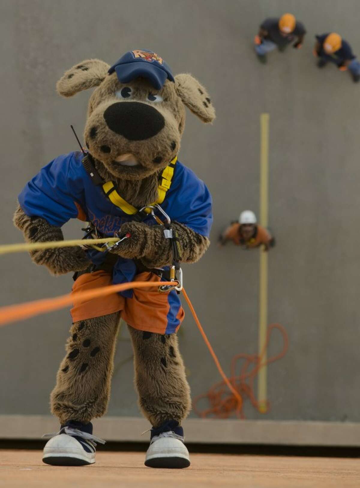 Rocky the Rockhound takes a breather as he rappels down the side of the 22 storey Wilco Building Tuesday afternoon as he and others went Over the Edge to raise money for the Boy Scouts. Tim Fischer\Reporter-Telegram