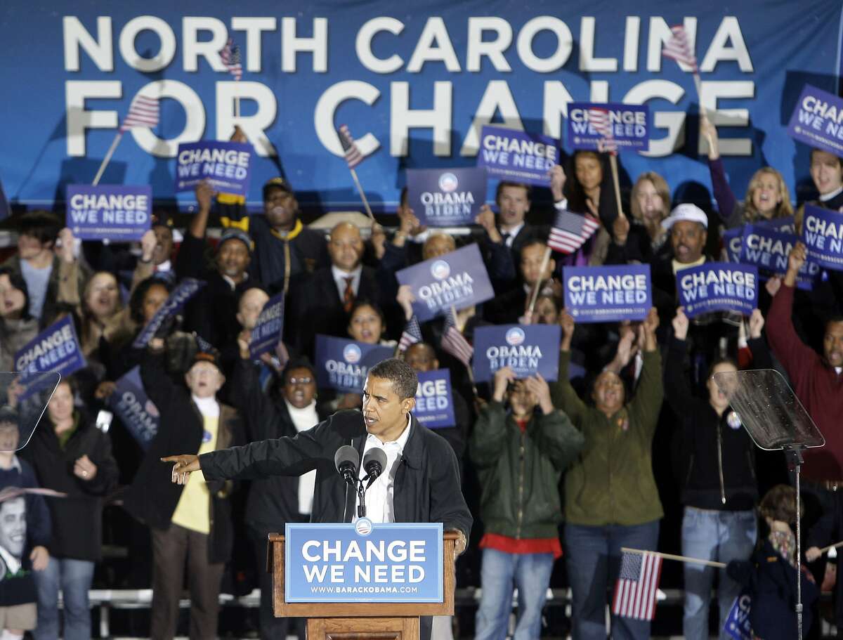 Democratic presidential candidate Sen. Barack Obama, D-Ill., speaks at a rally at the University of North Carolina, Charlotte in Charlotte, N.C., Monday, Nov. 3, 2008. (AP Photo/Chuck Burton)