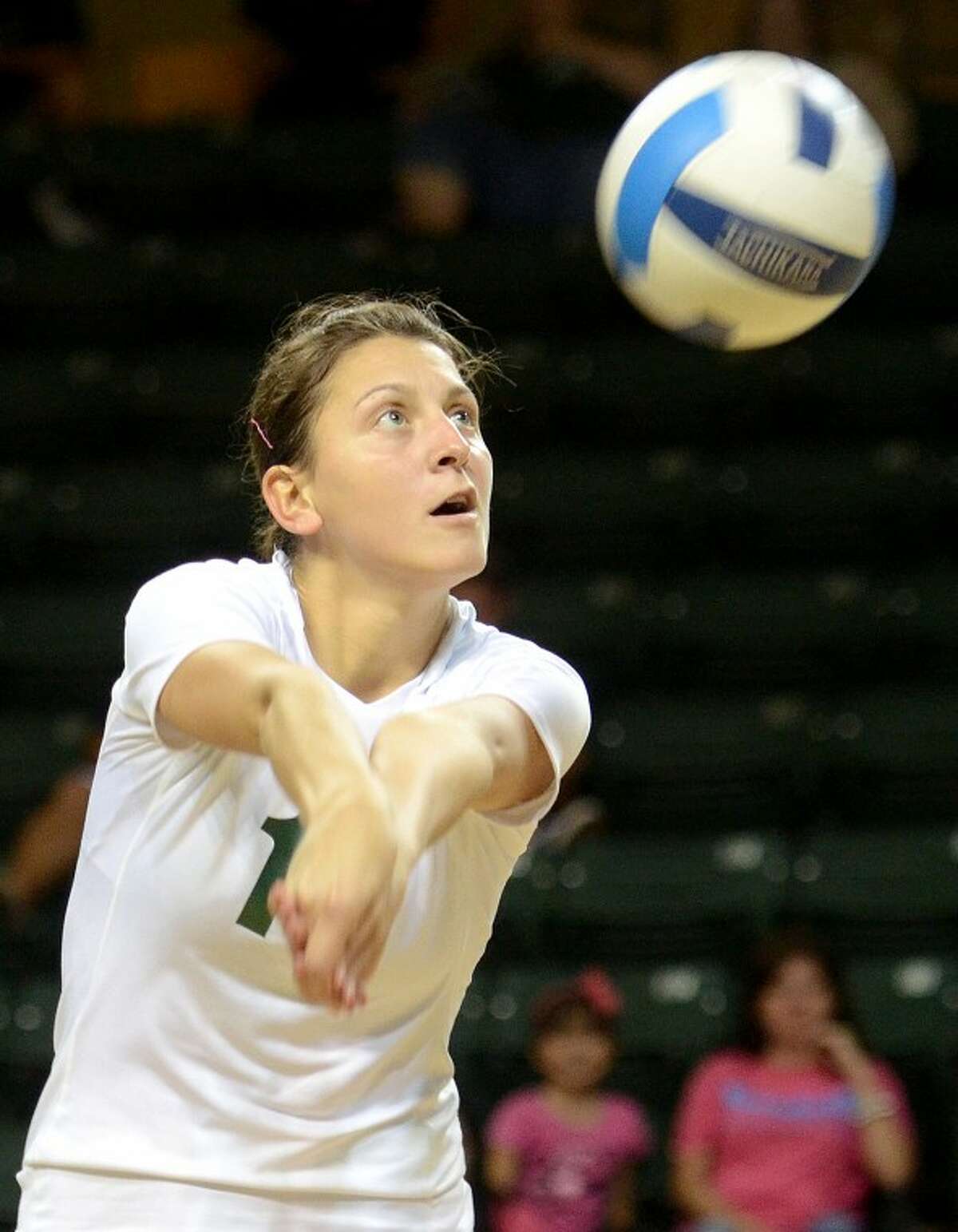 Midland College outside hitter Dragana Cvoric returns a hit against Frank Phillips College Wednesday at the Chaparral Center in Midland. James Durbin/Reporter-Telegram