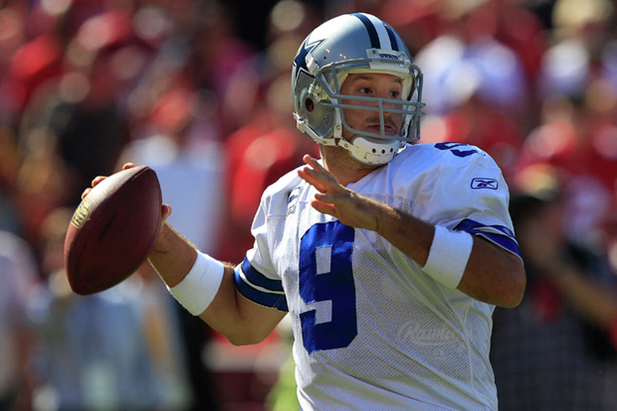 Dallas Cowboys quarterback Tony Romo (9) passes against the San Francisco 49ers in the fourth quarter of an NFL football game in San Francisco, Sunday, Sept. 18, 2011. The Cowboys won 27-24 in overtime. (AP Photo/Marcio Jose Sanchez)