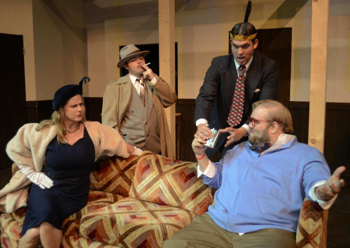 Jessica Nsek as Tara Dillaise is upset while Cody Tumlin playing Harry Monday PI watches as David Curtis as Humphrey tries to take away a flask from Daniel Collins as Larramore in MCT's production of 3 Murders. Tim Fischer\Reporter-Telegram
