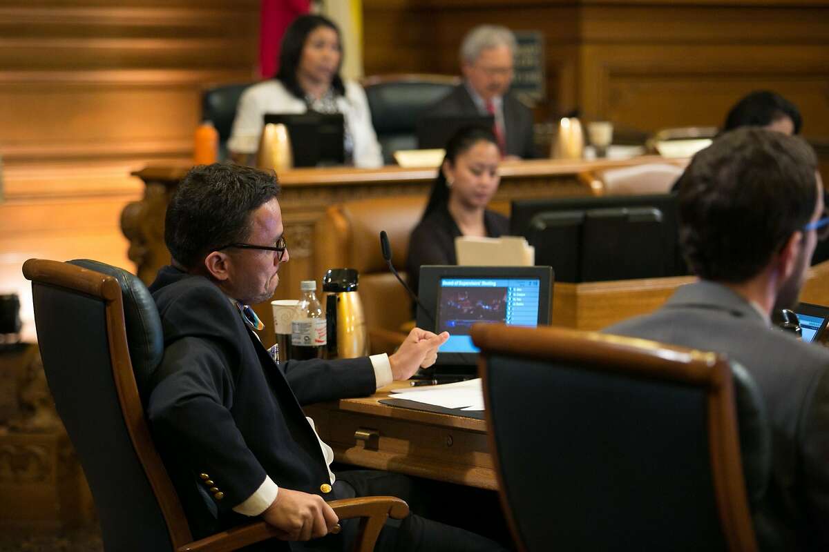 Board of Supervisors member David Campos reacts after being denied by the board to ask Mayor Ed Lee an unscheduled question during their meeting at City Hall on Tuesday, May 10, 2016 in San Francisco, Calif.